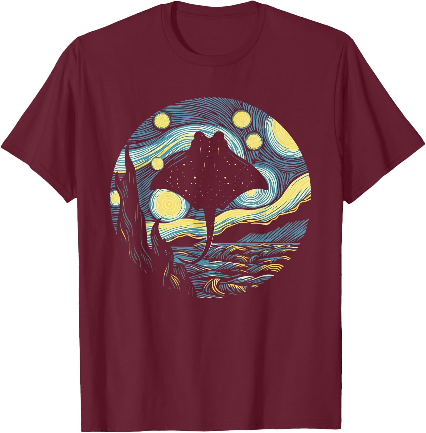 Stingray Manta Ray Starry Night Painting Art T-Shirt - T-Shirt | Maroon