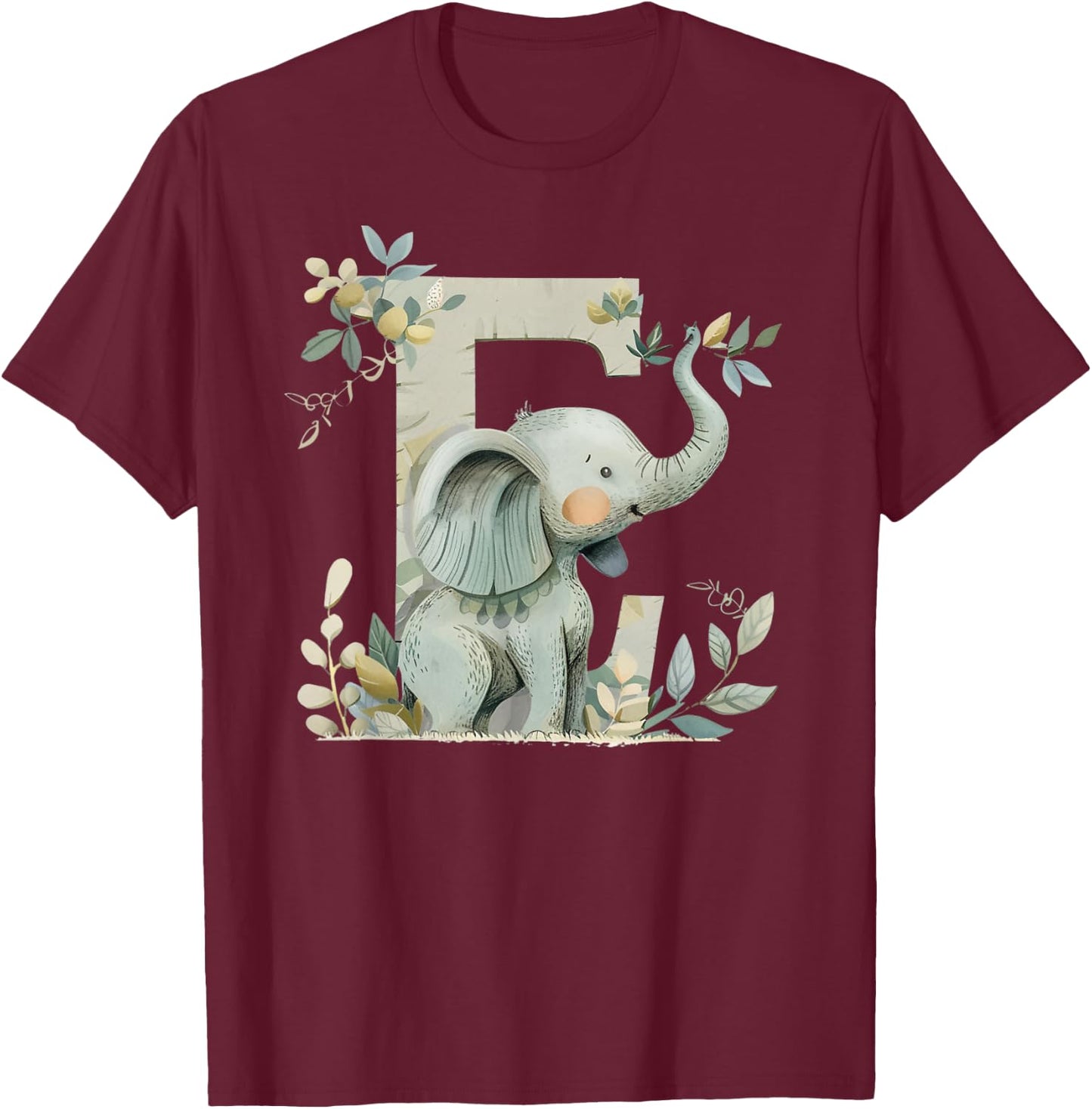 E Initial Monogram Alphabet Letter Animal Kid Boho Elephant T-Shirt - T-Shirt | Maroon