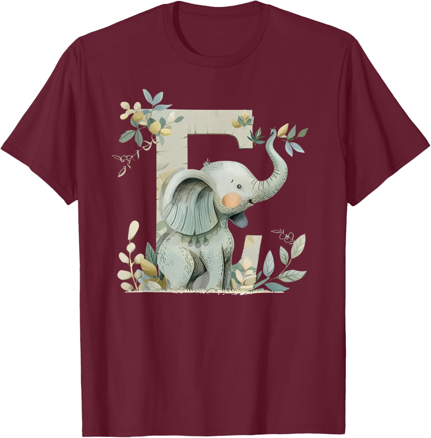 E Initial Monogram Alphabet Letter Animal Kid Boho Elephant T-Shirt - T-Shirt | Maroon