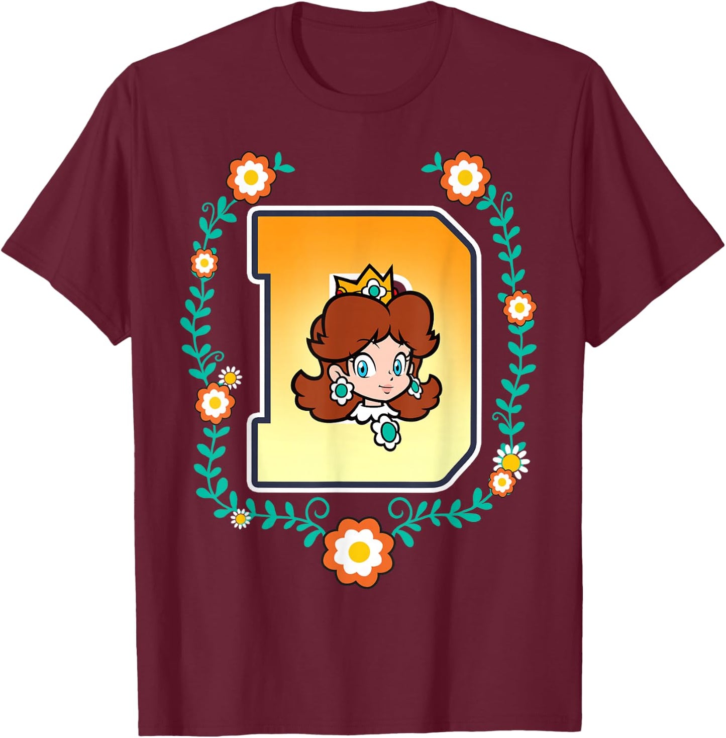 Super Mario Princess Daisy University Letter Portrait Logo T-Shirt - T-Shirt | Maroon