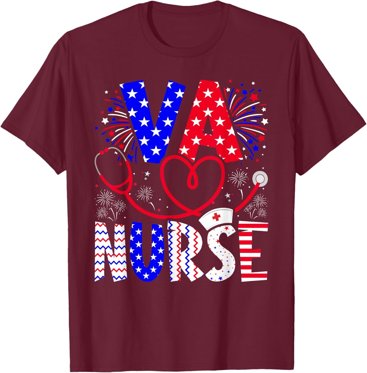 VA Nurse 4th Of July American Flag Stethoscope T-Shirt - T-Shirt | Maroon
