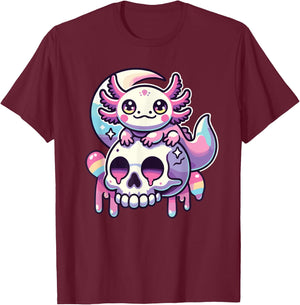 Kawaii Pastel Goth Cute Creepy Axolotl Bat Skeleton T-Shirt - T-Shirt | Maroon