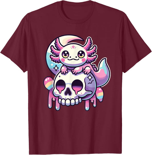 Kawaii Pastel Goth Cute Creepy Axolotl Bat Skeleton T-Shirt - T-Shirt | Maroon