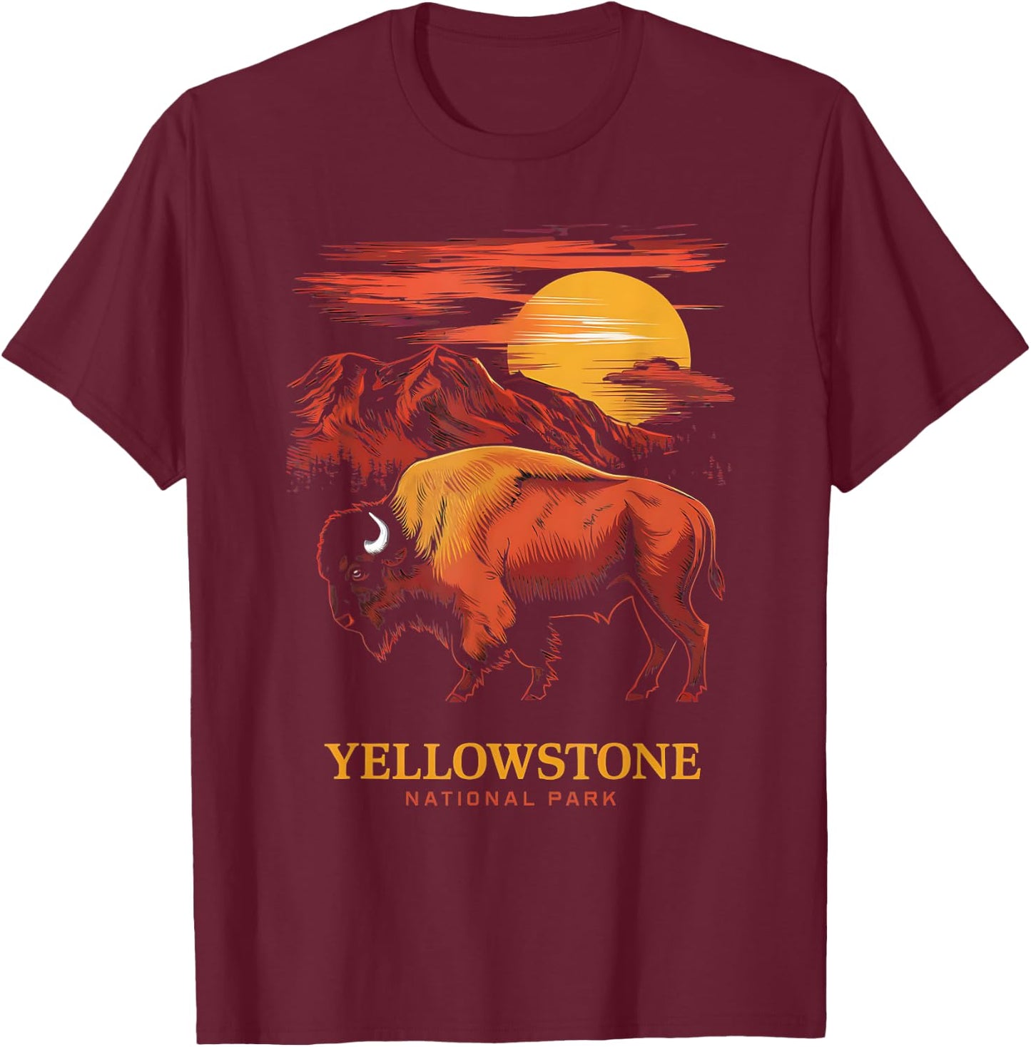 Yellowstone National Park Sun Bison Graphic T-Shirt - T-Shirt | Maroon