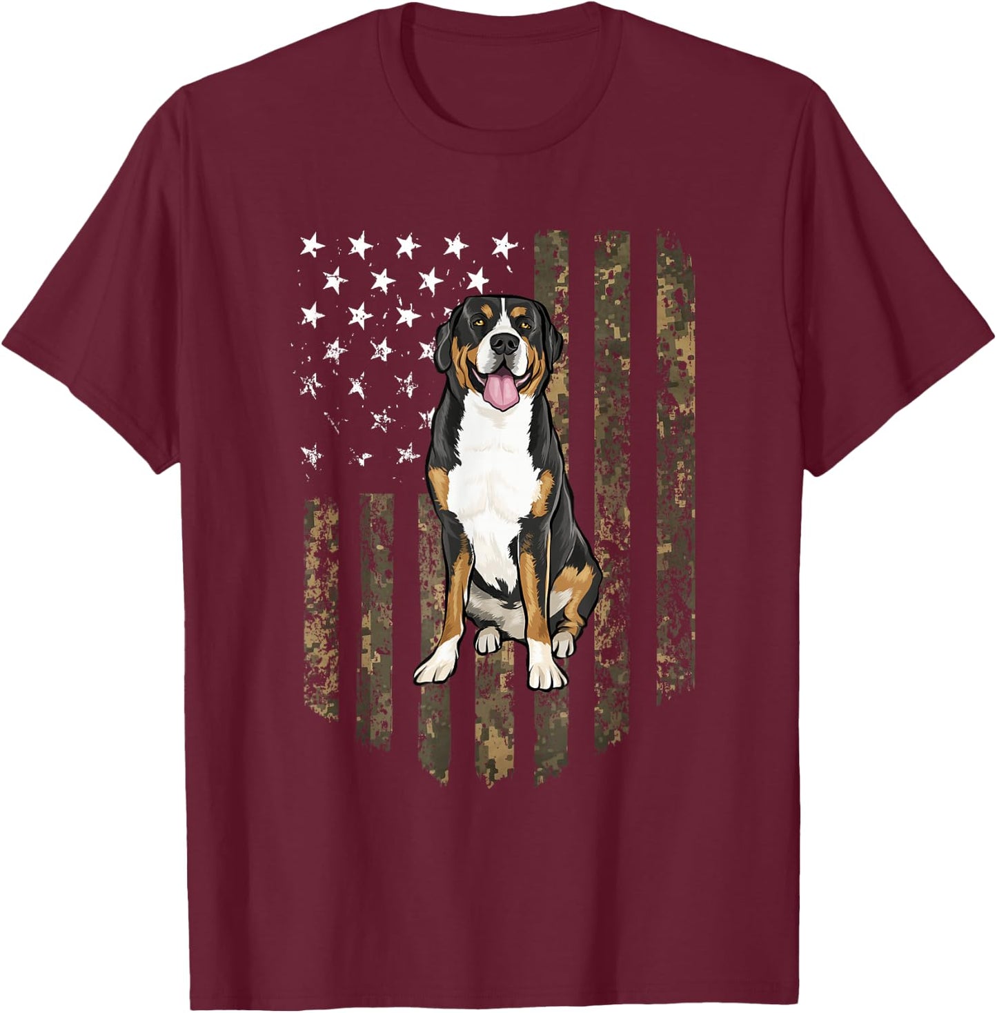 Camo American Flag Greater Swiss Mountain Dog 4th Of July T-Shirt - T-Shirt | Maroon