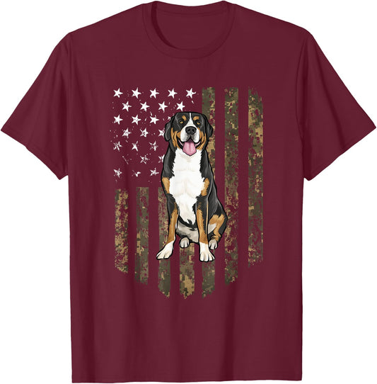 Camo American Flag Greater Swiss Mountain Dog 4th Of July T-Shirt - T-Shirt | Maroon