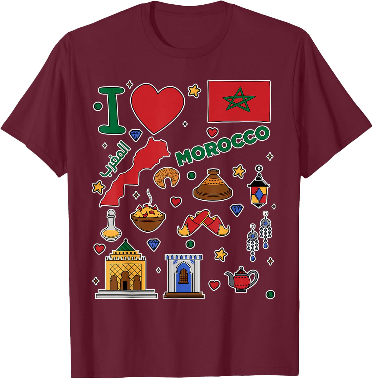 I love Morocco. Hand drawn Moroccan Landmarks, flag and map T-Shirt - T-Shirt | Maroon