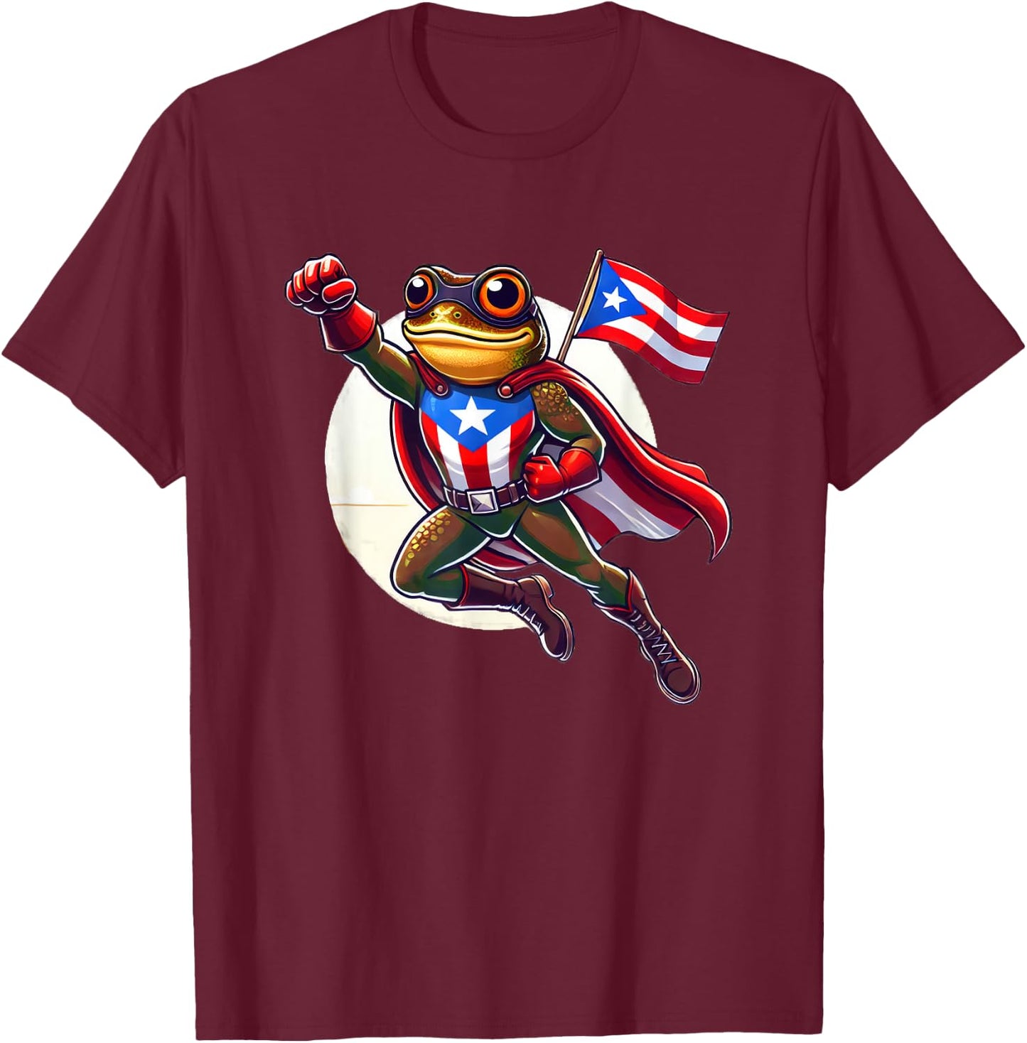 Boricua Superhero Coqui Flying Cape Puerto Rico Flag Boriken T-Shirt - T-Shirt | Maroon
