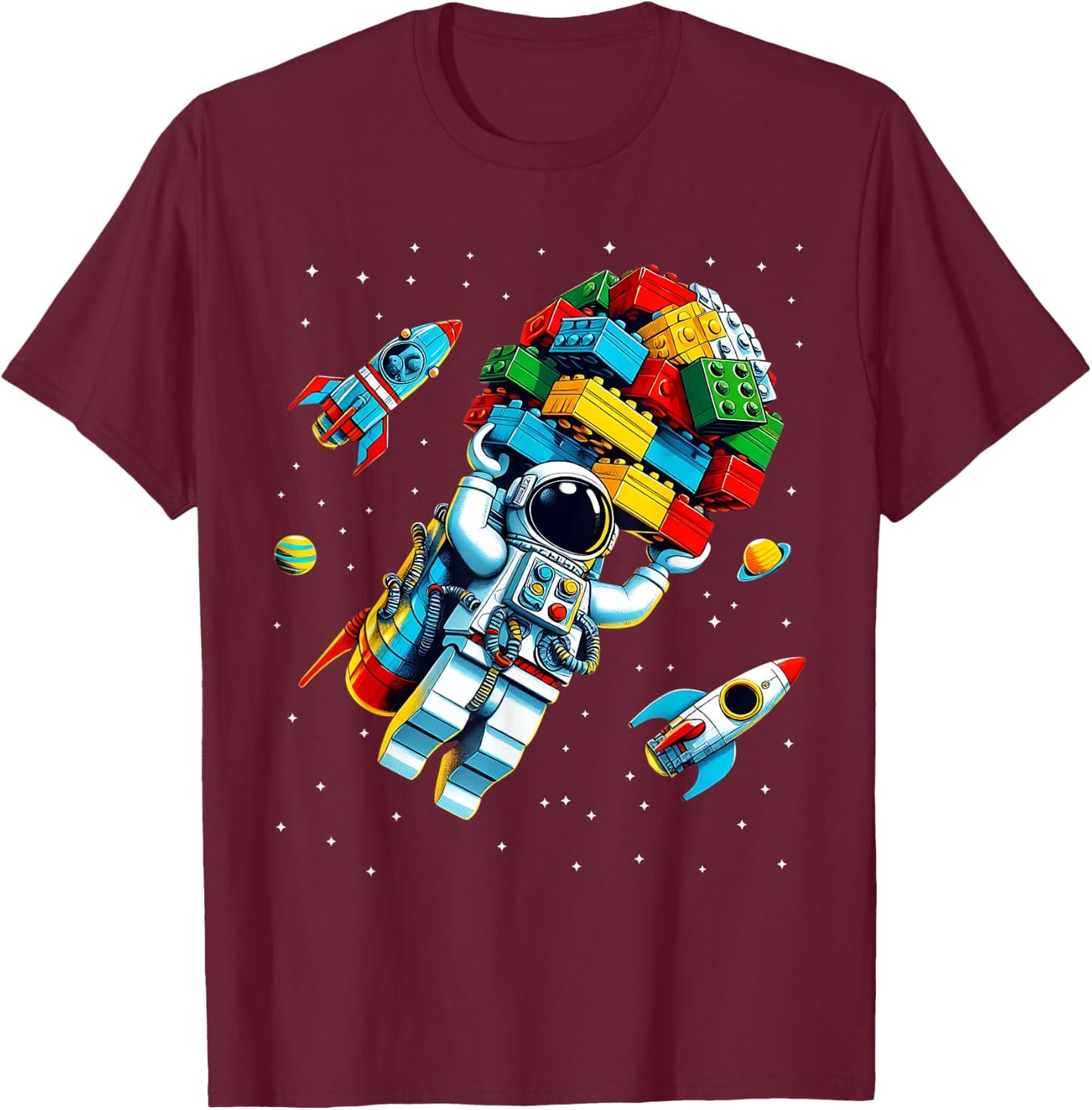 Master Builder Space Astronaut Building Blocks Bricks Boys T-Shirt - T-Shirt | Maroon