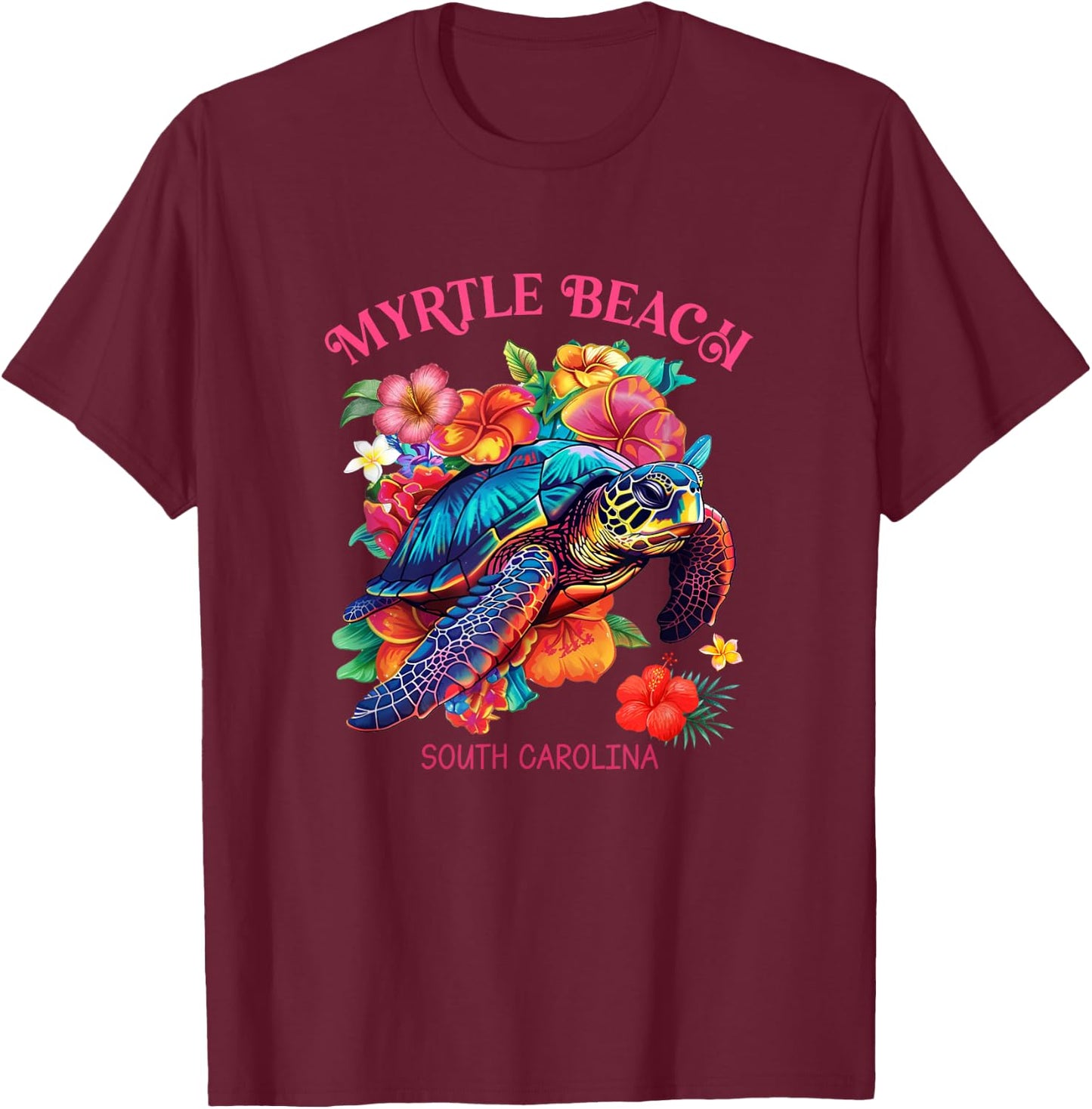 Myrtle Beach South Carolina Floral Beach Turtle Souvenir Men Women Girls Kids T-Shirt - T-Shirt | Maroon