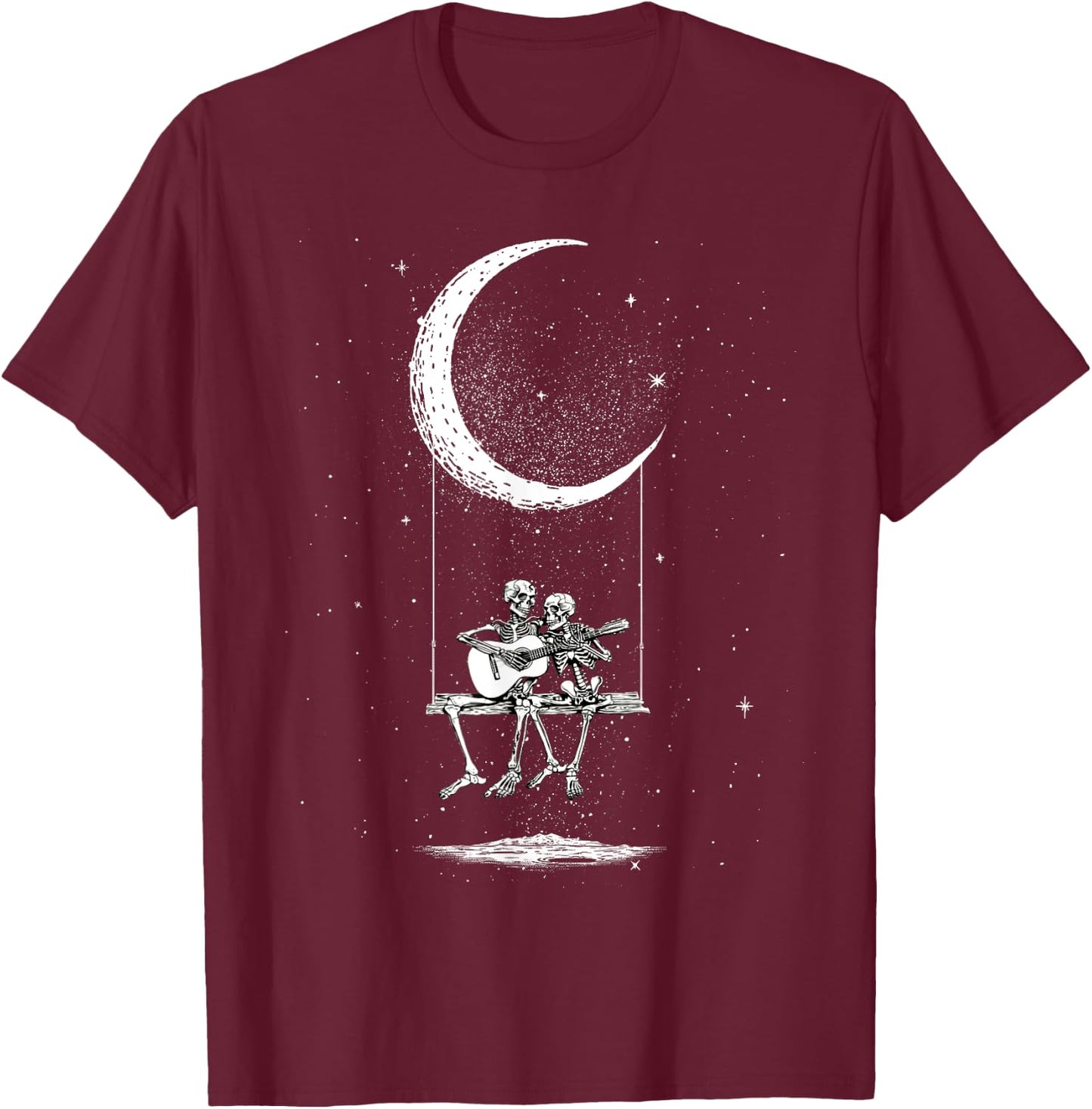 Skeleton Couple Moon Swing Guitar Lover Halloween Rock On T-Shirt - T-Shirt | Maroon