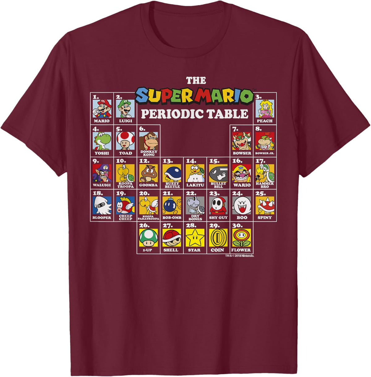 Super Mario Periodic Table Of Characters T-Shirt - T-Shirt | Maroon