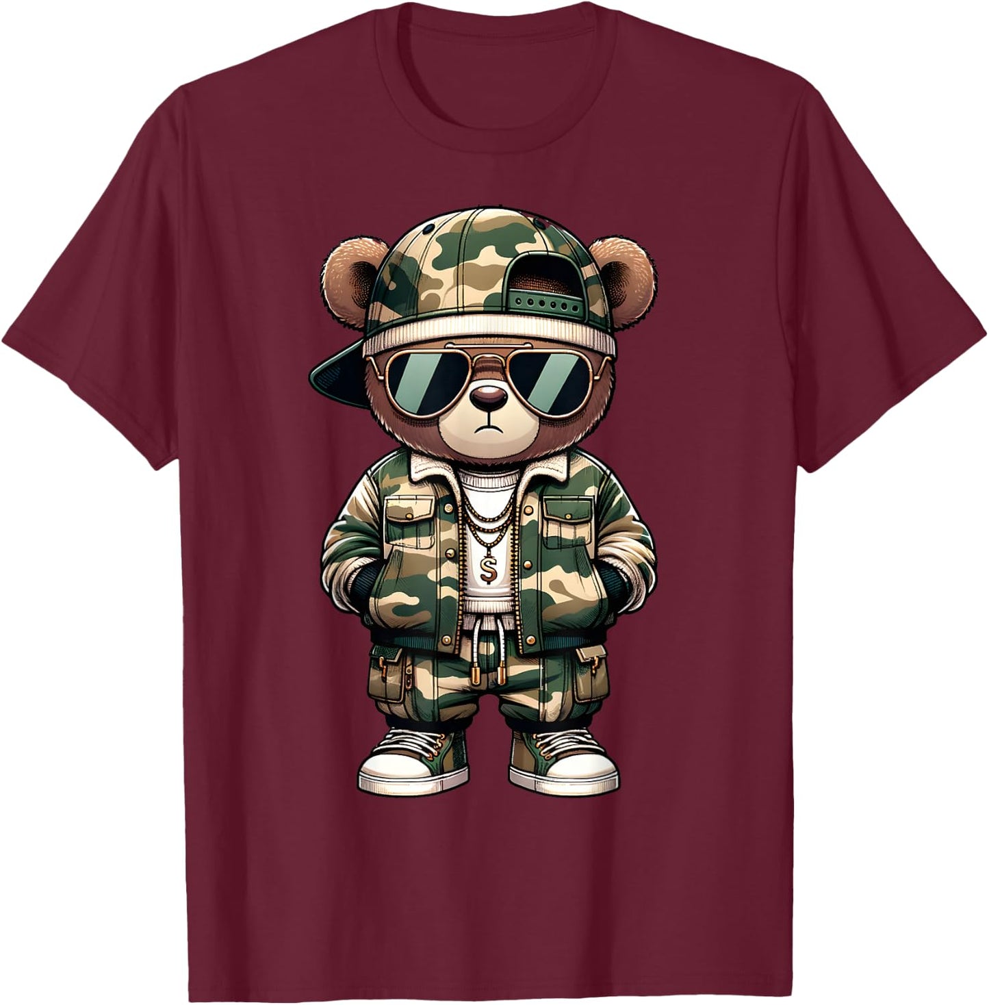 Camo Hip Hop Teddy Bear Camouflage Gangsta Streetwear Hustle T-Shirt - T-Shirt | Maroon