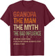 Grandpa The Man The Myth The Bad Influence Fathers Day T-Shirt - T-Shirt | Maroon