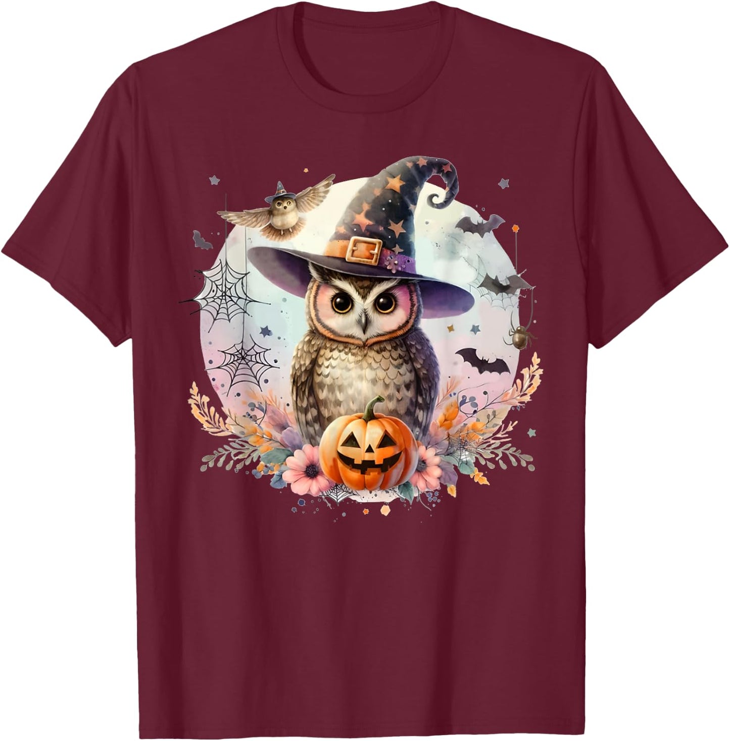 Owl Witch Hat and Pumpkin Funny Halloween Academia Witchy T-Shirt - T-Shirt | Maroon
