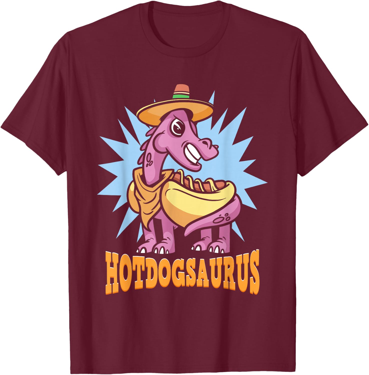 Funny Dinosaur Hot Dog | Hotdogsaurus T-Shirt - T-Shirt | Maroon