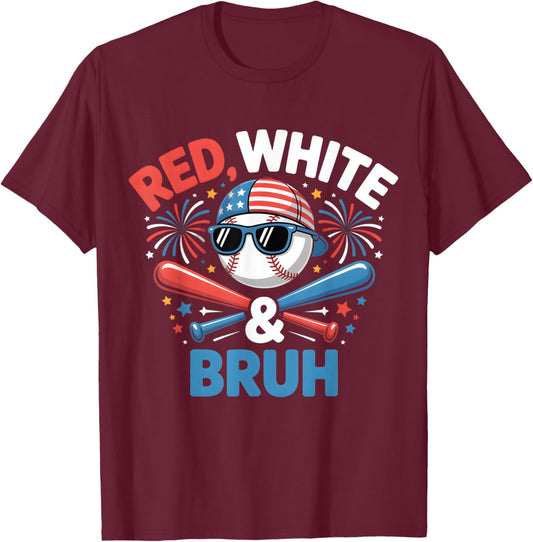 Red White and Bruh Baseball Kids Boys Toddler Youth July 4 T-Shirt - T-Shirt | Maroon