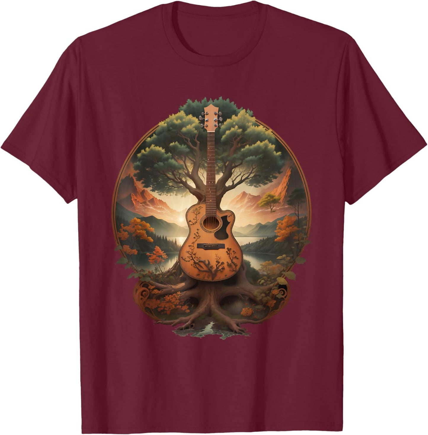Tree of Life Acoustic Guitar by The Lake T-Shirt - T-Shirt | Maroon