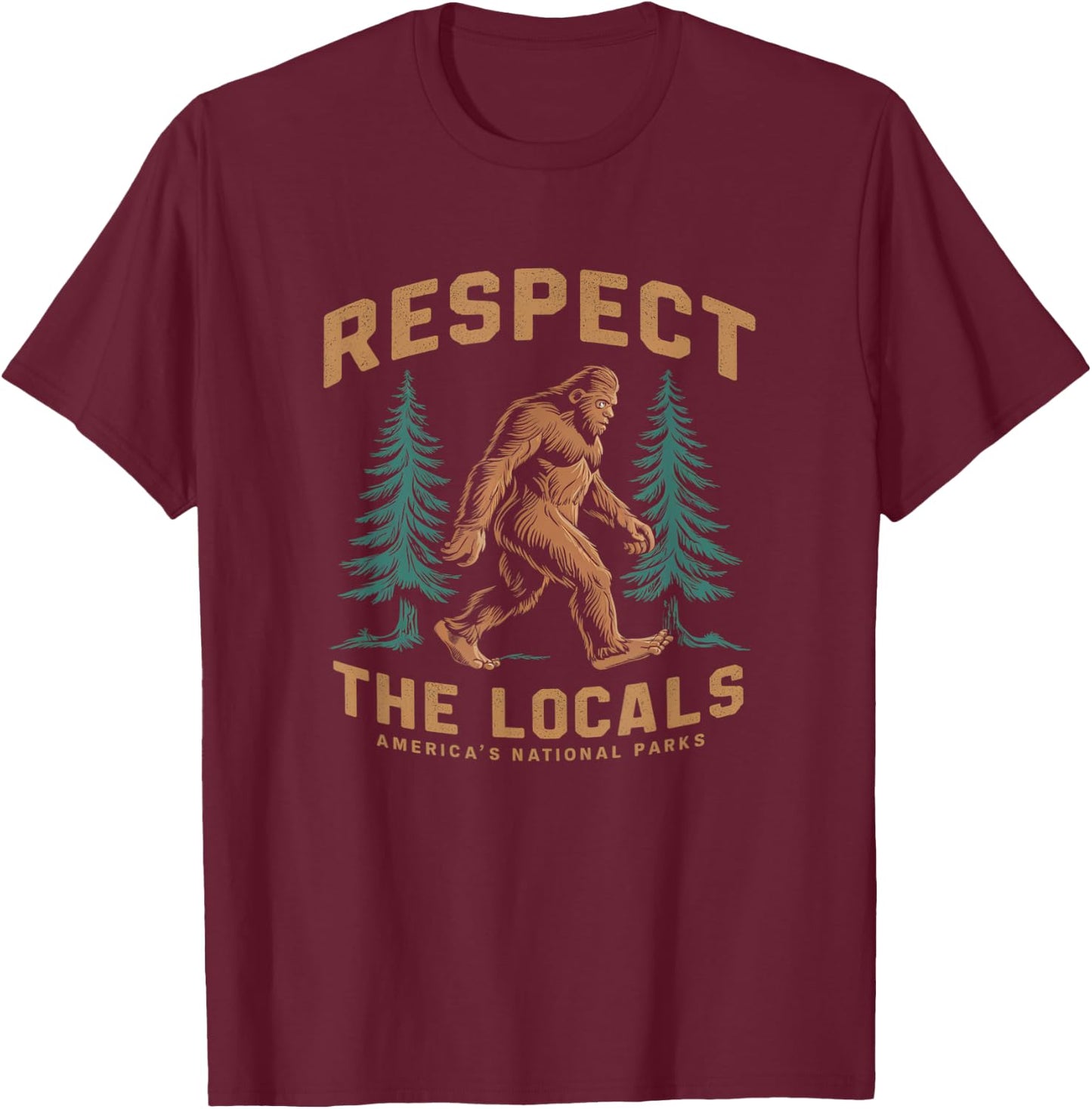 Kids Respect The Locals Bigfoot Sasquatch American National Parks - Black, Short Sleeve, , Small T-Shirt - T-Shirt | Maroon