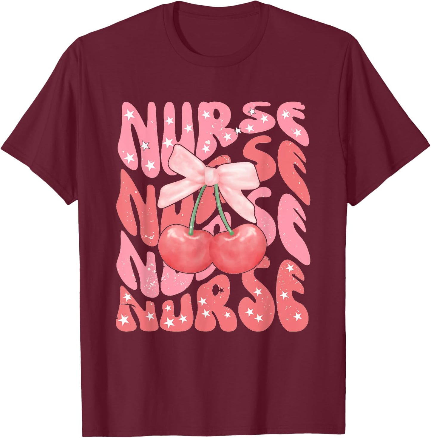Cute Cherry Coquette Nurse Pink Bow Girlcore Nurse ICU ER RN T-Shirt - T-Shirt | Maroon