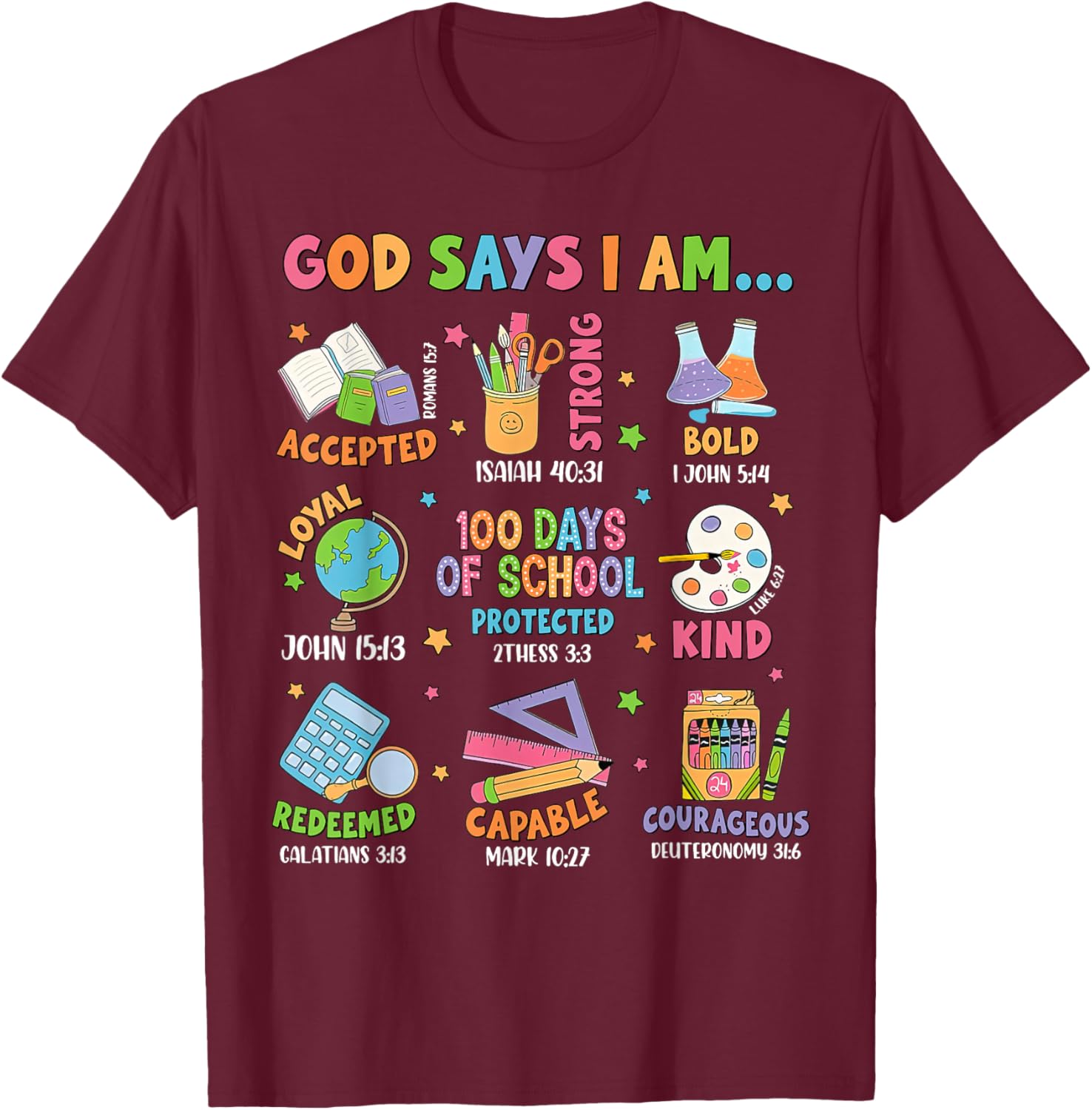 God Says I Am 100 Days Of School Christian Teacher Bible T-Shirt - T-Shirt | Maroon