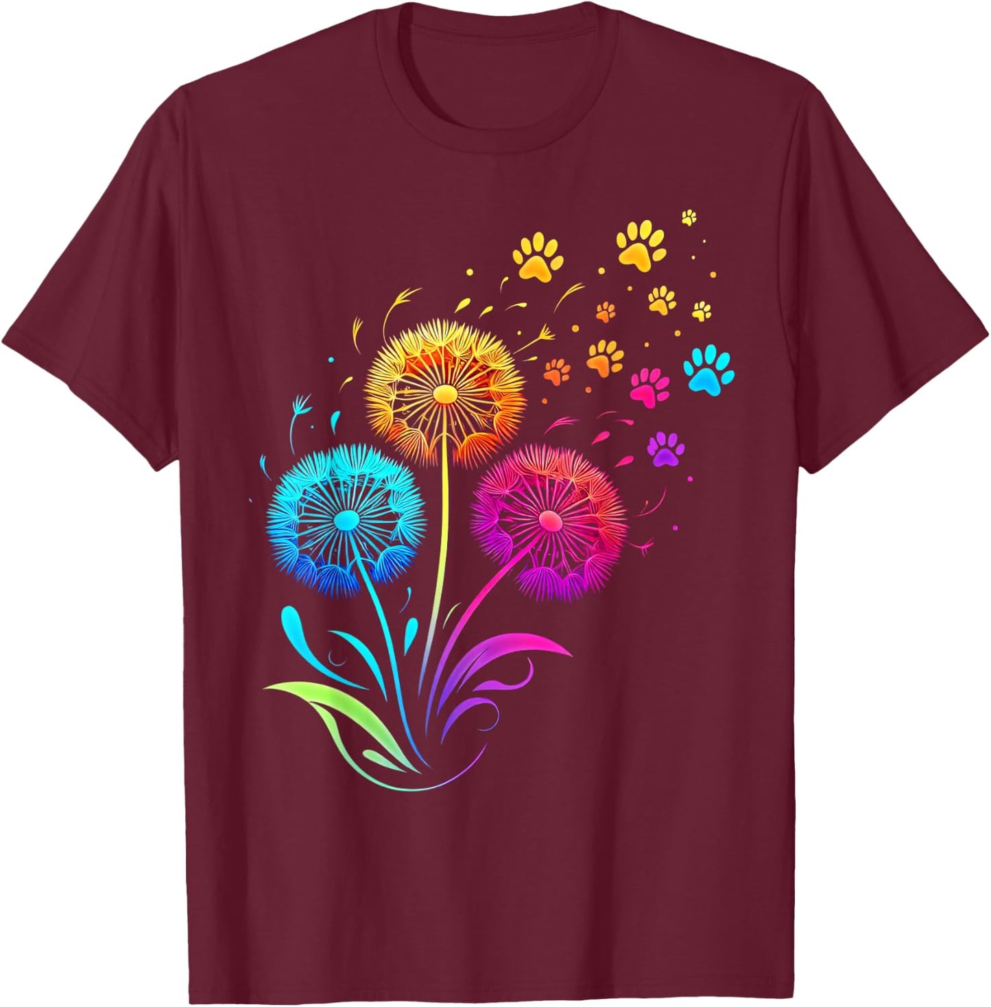 Cute Dog Paw Sunflower Dandelion Colorful Flowers Dog Paw T-Shirt - T-Shirt | Maroon