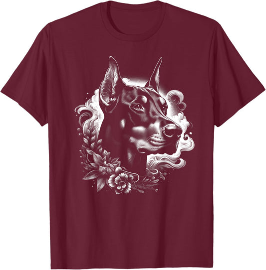 Cool Doberman Portrait with Flowers Decoration T-Shirt - T-Shirt | Maroon