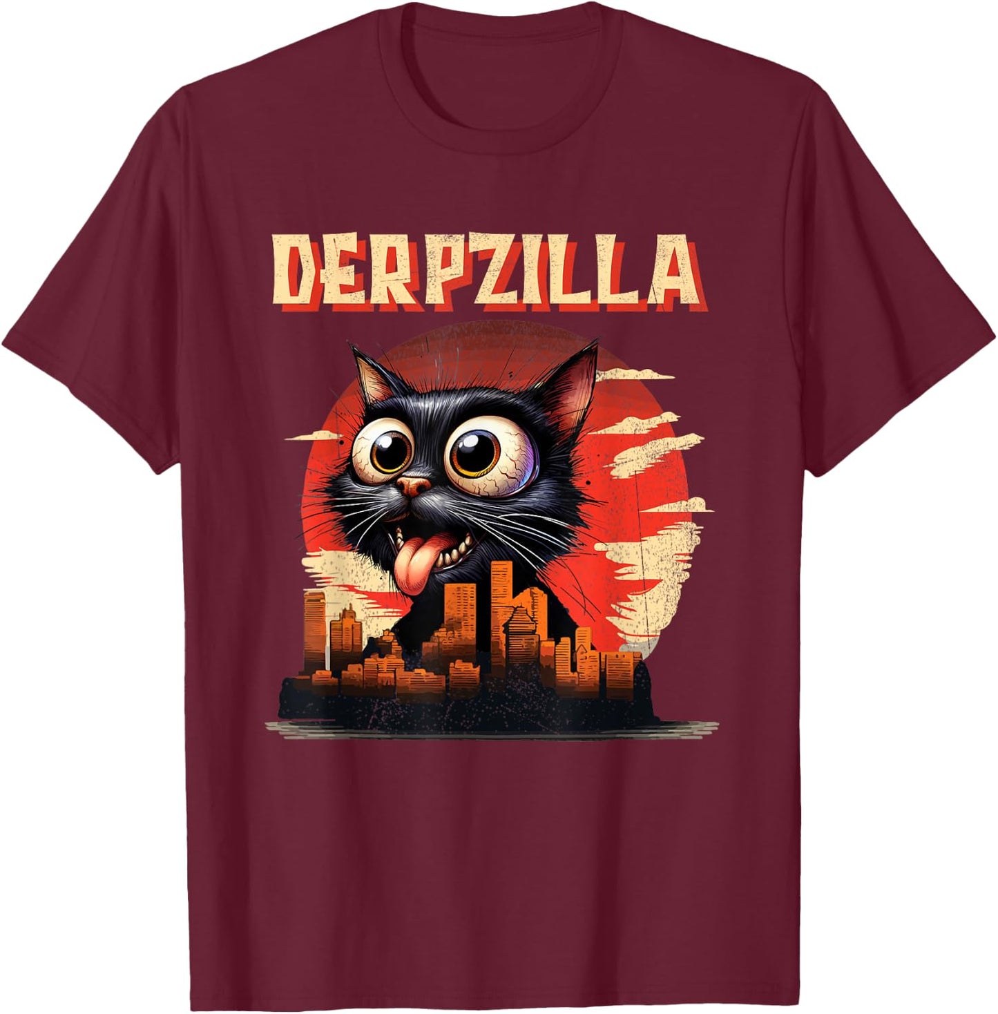 Derpzilla Funny Derpy Giant Cat Kitten City Skyline T-Shirt - T-Shirt | Maroon
