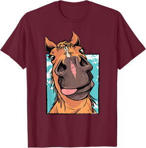 Goofy Horse Sticking Tongue Out Funny Farm Animal Horse Gift T-Shirt - T-Shirt | Maroon