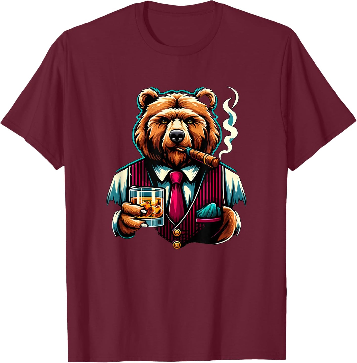 Grizzly Bear Cigar And Whiskey T-Shirt - T-Shirt | Maroon