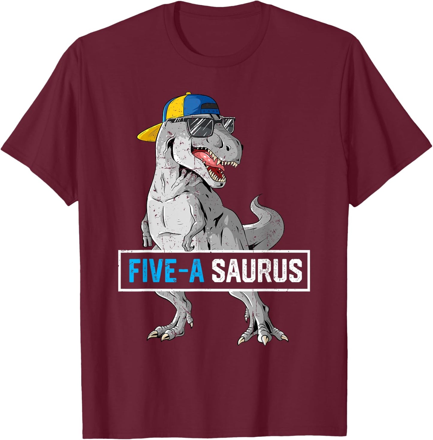 5 Years Old Dinosaur 5th Birthday T Rex Dino Five Saurus T-Shirt - T-Shirt | Maroon