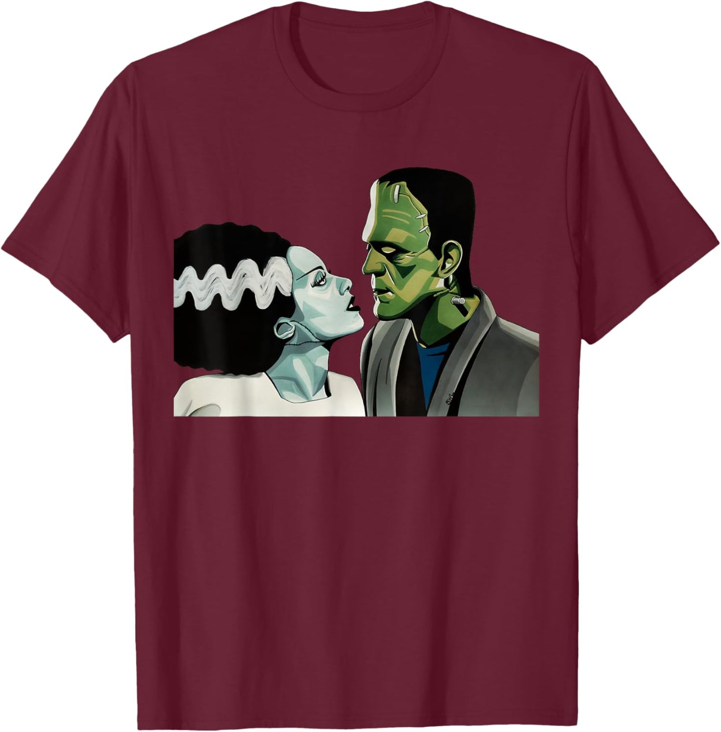 Frankenstein Monster & Bride Halloween Romantic Kiss Scene T-Shirt - T-Shirt | Maroon