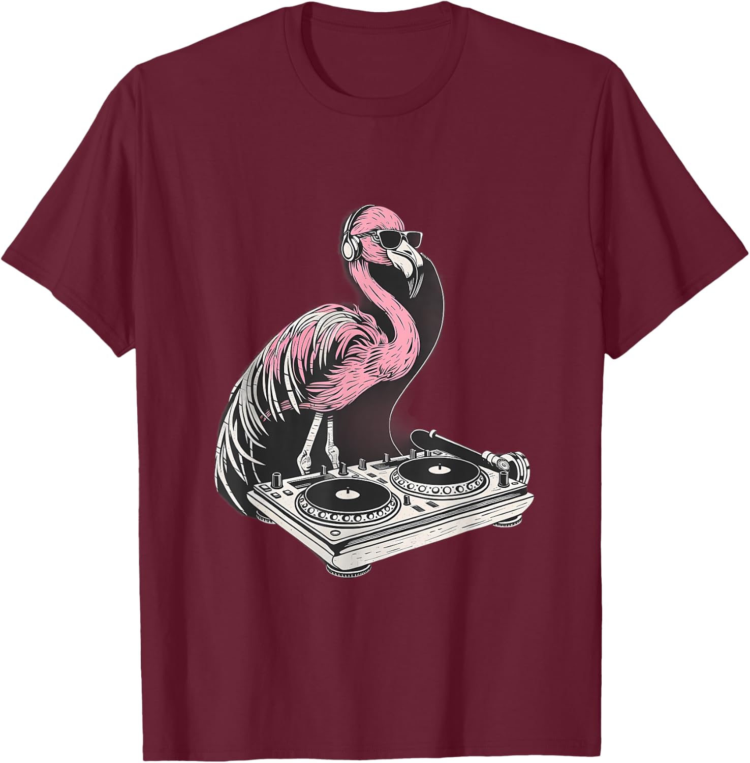 DJ Flamingo Bird Turntable DJ Flamingo Dance Music Techno T-Shirt - T-Shirt | Maroon