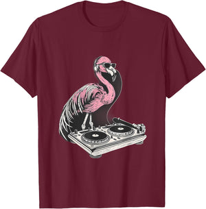DJ Flamingo Bird Turntable DJ Flamingo Dance Music Techno T-Shirt - T-Shirt | Maroon