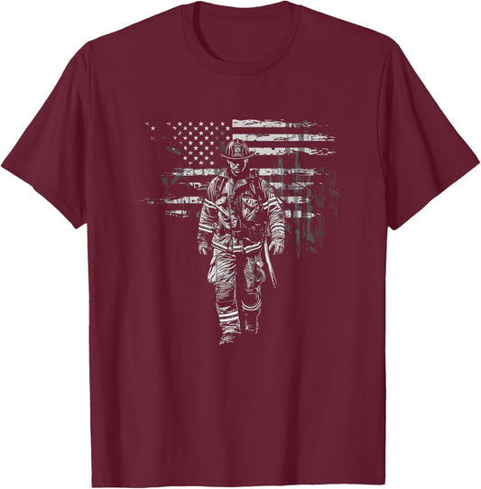 Fireman American Flag US Firefighter T-Shirt - T-Shirt | Maroon
