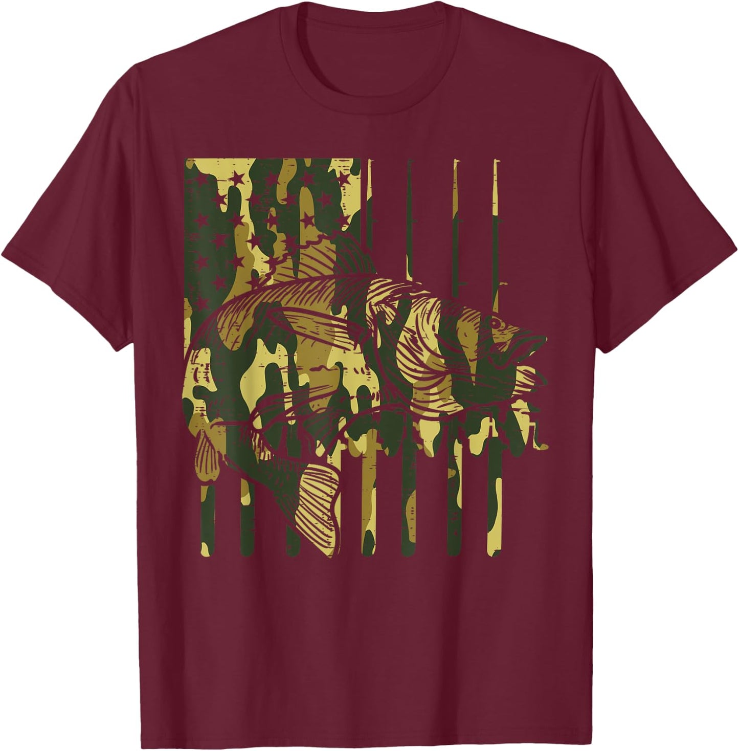 Camo US Flag Fish Vintage Fishing Patriotic Fisherman Gift T-Shirt - T-Shirt | Maroon