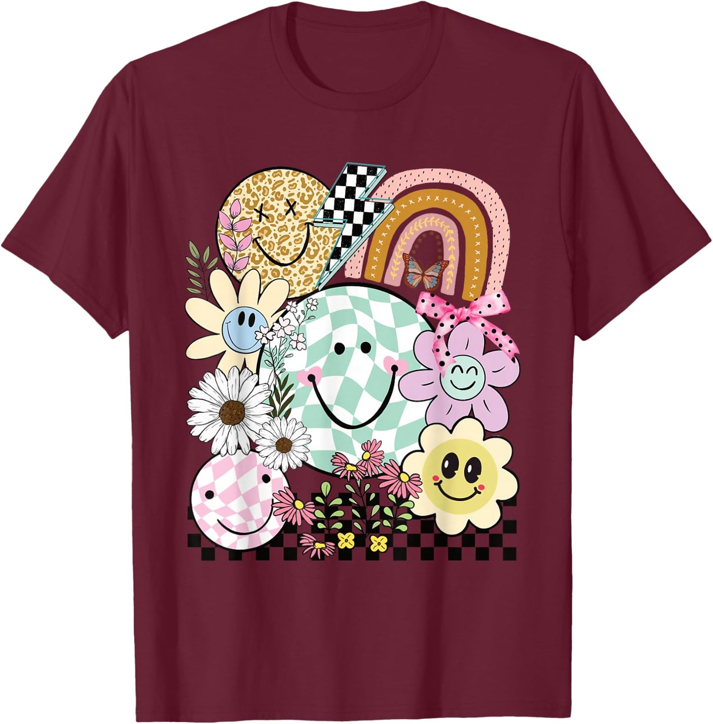 Funny Checkered Happy Smiling Smile Face Daisy Flower Girl T-Shirt - T-Shirt | Maroon