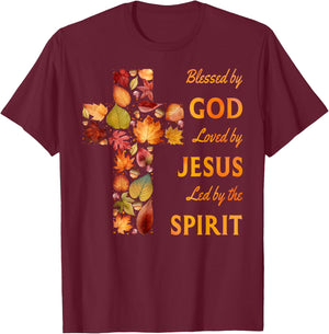 Blessed by God Loved by Jesus Fall Leaf Cross T-Shirt - T-Shirt | Maroon