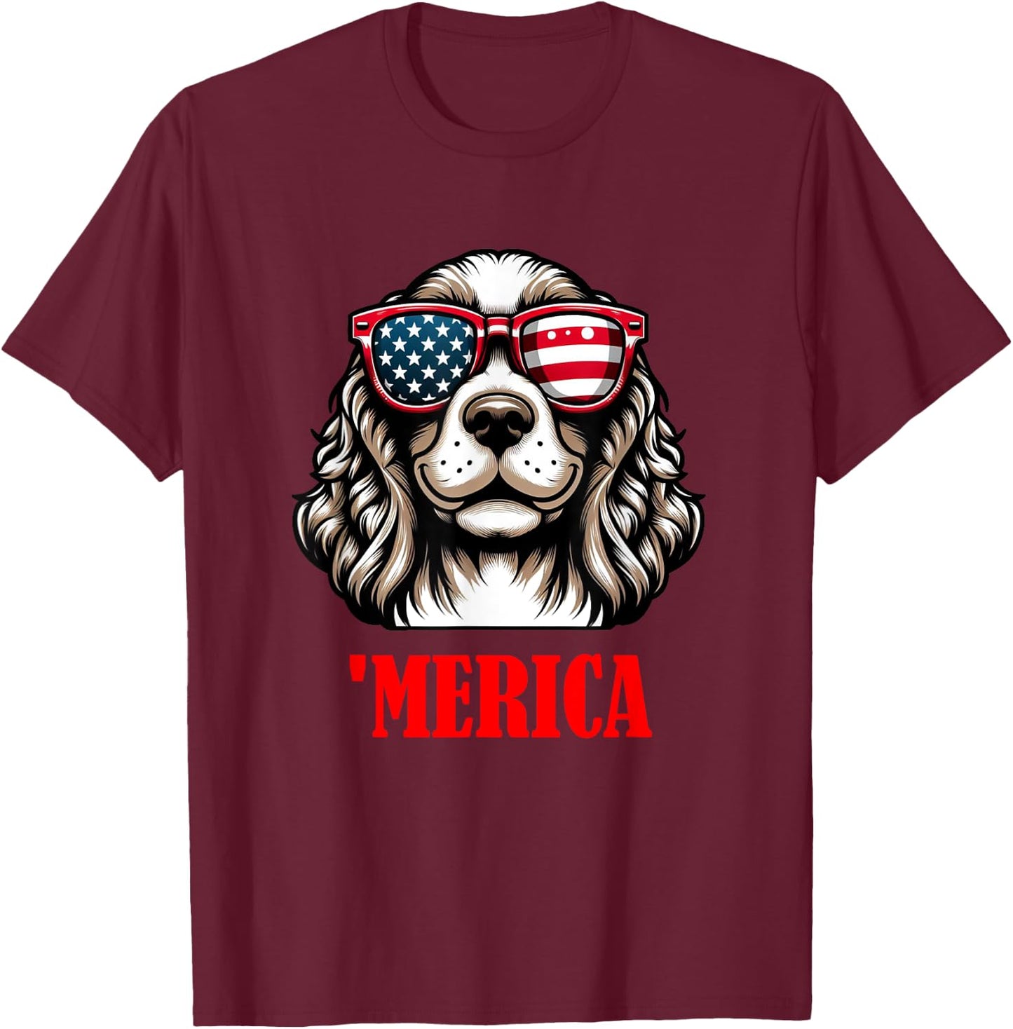 Cocker Spaniel Merica 4th of July US Flag T-Shirt - T-Shirt | Maroon
