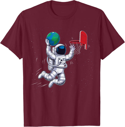 Astronaut Basketball Outer Space Planet Gifts Men Women Kids T-Shirt - T-Shirt | Maroon