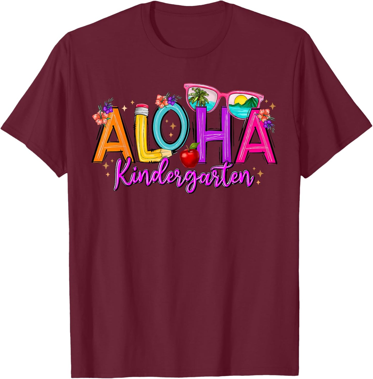 Aloha Kindergarten Summer Beach Vacation Teacher School T-Shirt - T-Shirt | Maroon