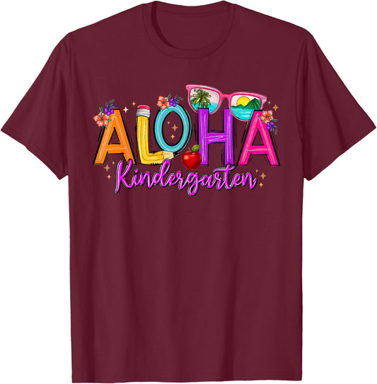 Aloha Kindergarten Summer Beach Vacation Teacher School T-Shirt - T-Shirt | Maroon