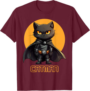 Superhero Cat, Catman, Funny Black Cat, Cat With Cape T-Shirt - T-Shirt | Maroon