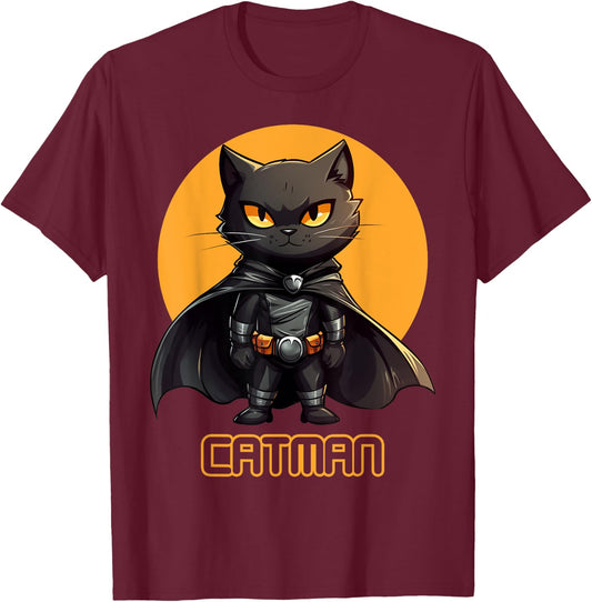 Superhero Cat, Catman, Funny Black Cat, Cat With Cape T-Shirt - T-Shirt | Maroon