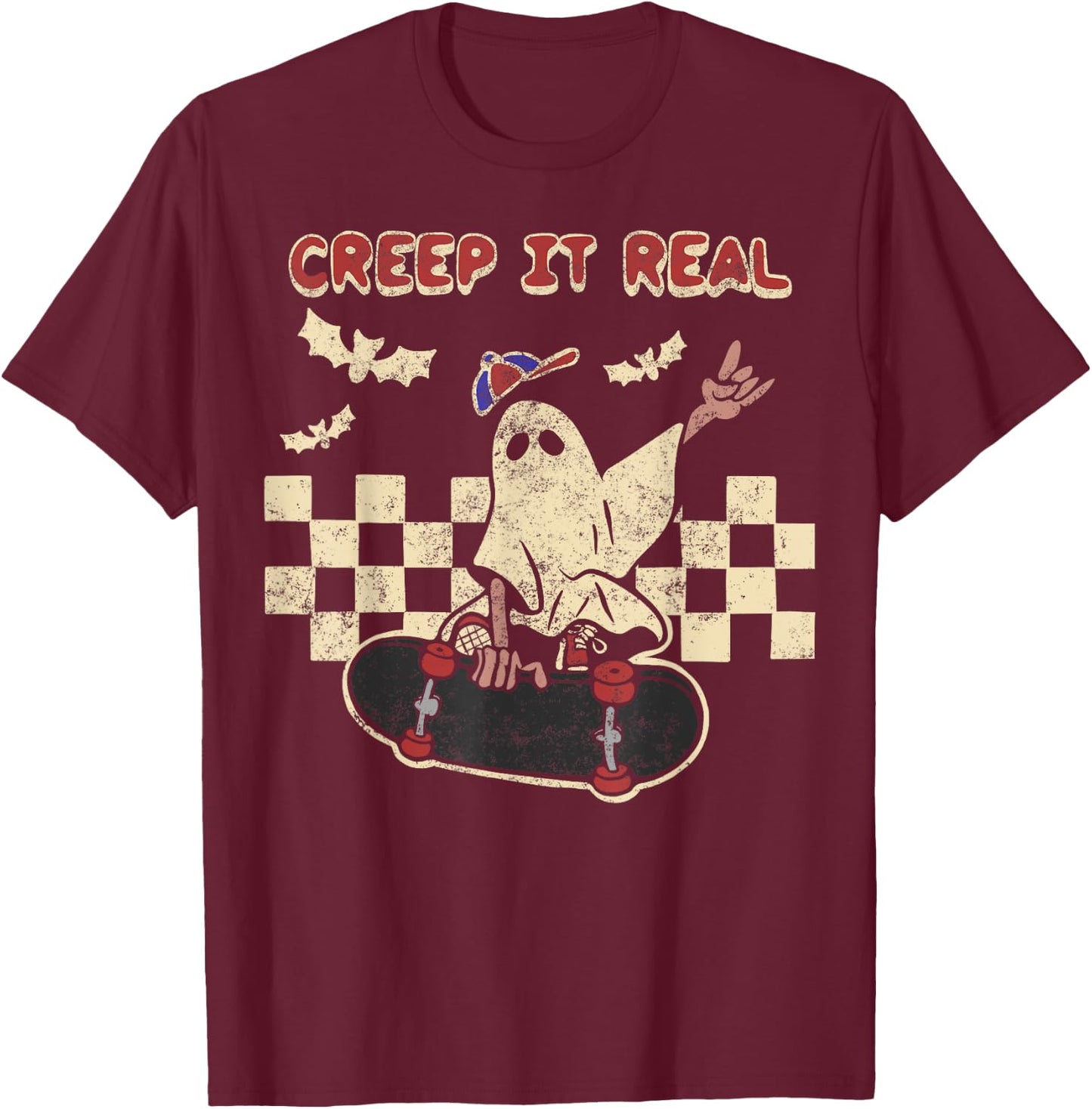 Halloween Boy Girl Retro Creep It Real Ghost on Skateboard T-Shirt - T-Shirt | Maroon