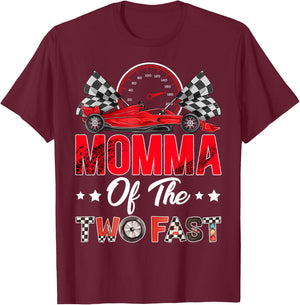 Momma of The Two Fast 2nd Birthday Boy Racing Car Family T-Shirt - T-Shirt | Maroon