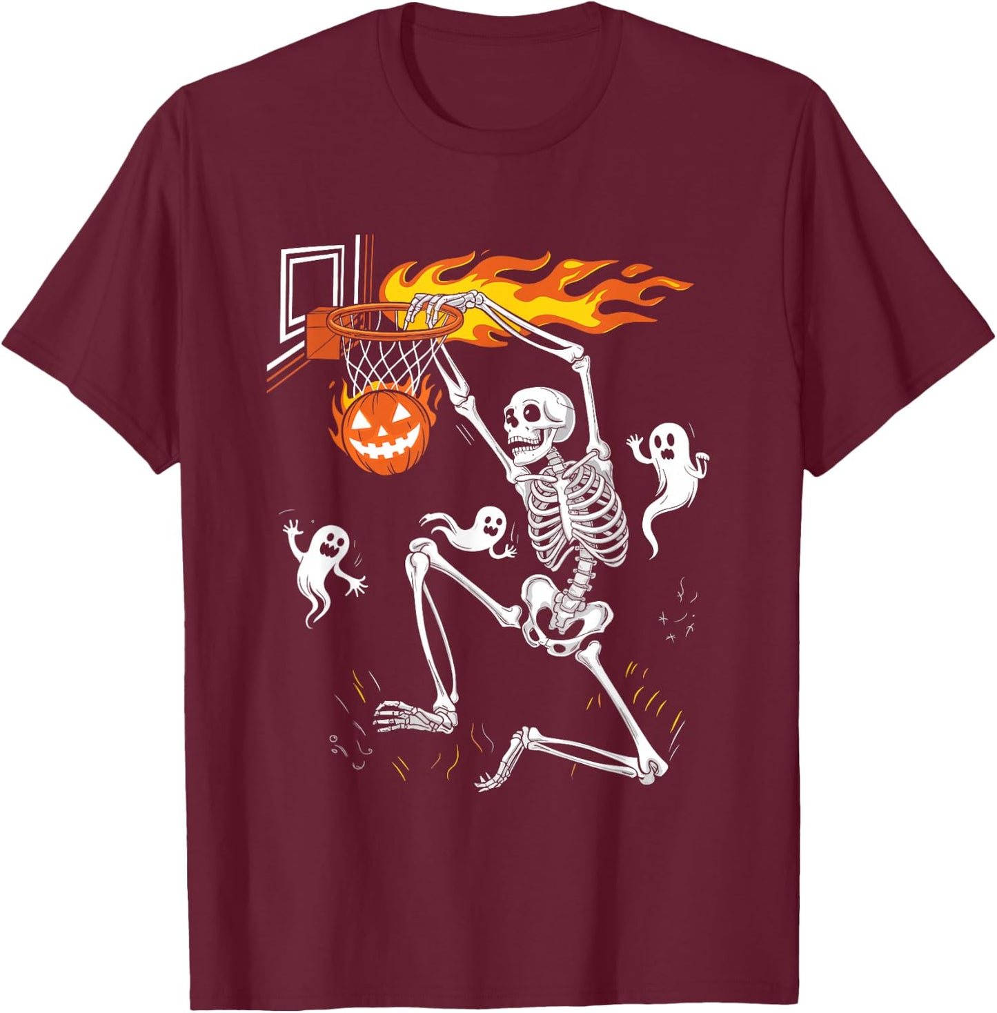 Funny Skeleton Playing Basketball Lovers Spooky Halloween T-Shirt - T-Shirt | Maroon