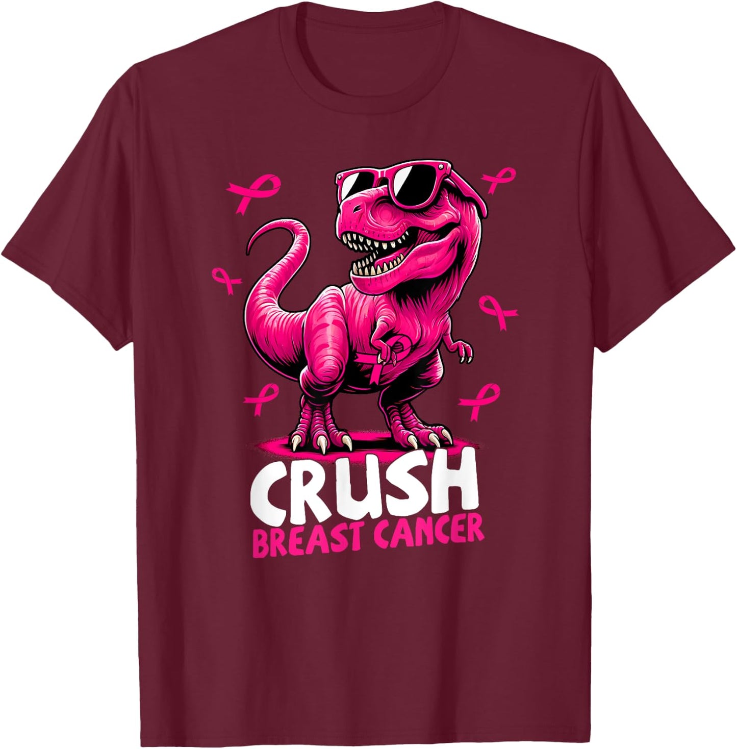 Crush Breast Cancer Dinosaur Holding Pink Ribbon Kids Mom T-Shirt - T-Shirt | Maroon
