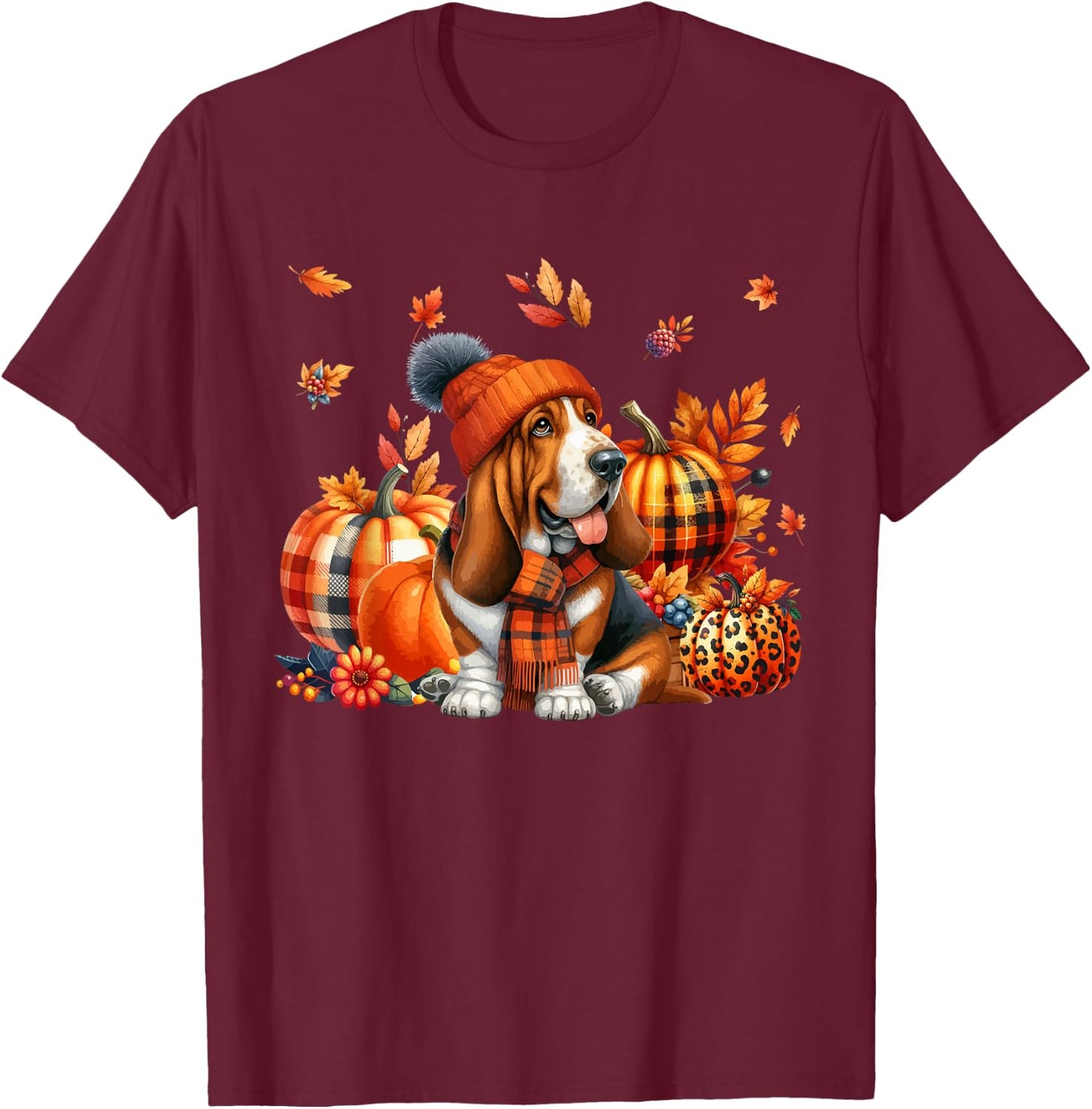 Basset Hound Thanksgiving Leopard Pumpkins Fall Leaves T-Shirt - T-Shirt | Maroon
