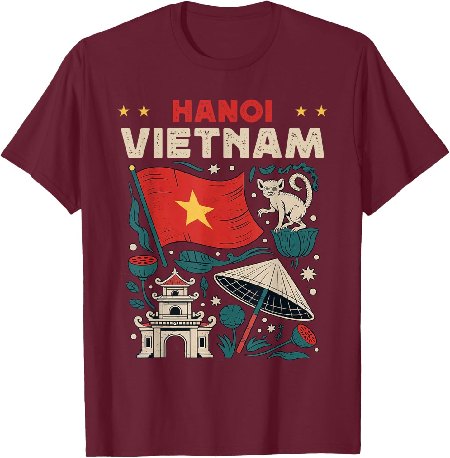 Hanoi Vietnam Flag Vietnamese Travel Souvenir T-Shirt - T-Shirt | Maroon